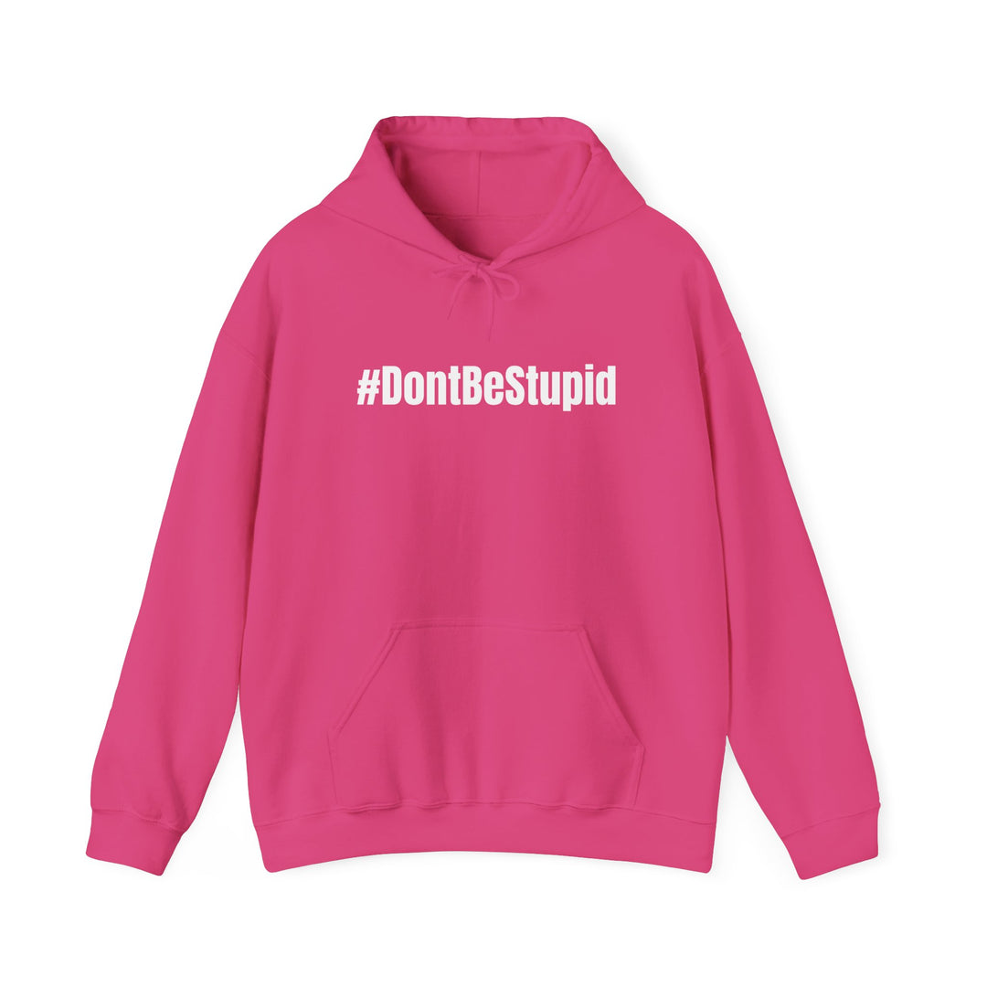 A pink hooded sweatshirt with white text, featuring a kangaroo pocket and drawstring hood. Unisex heavy blend of cotton and polyester for warmth and comfort. Ideal for printing. From Worlds Worst Tees.