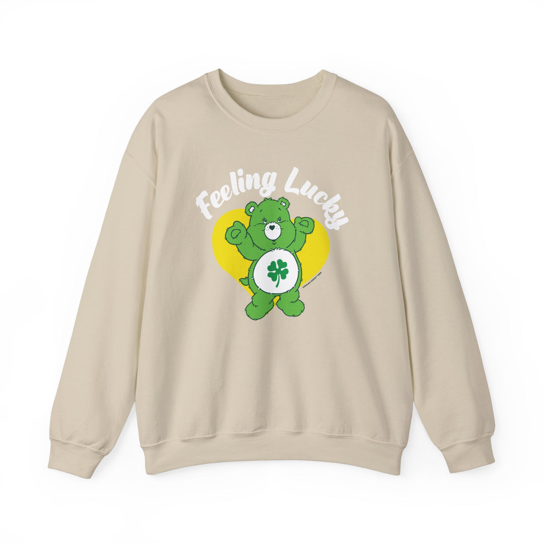 A cozy unisex Feeling Lucky Crew sweatshirt featuring a teddy bear design. Made of 50% cotton and 50% polyester, with a ribbed knit collar for lasting comfort. Sizes S to 5XL available.