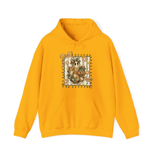 Quilted Ghost Hoodie featuring a plaid-clad ghost graphic with autumnal accents, perfect for cozy, stylish cold-weather wear.