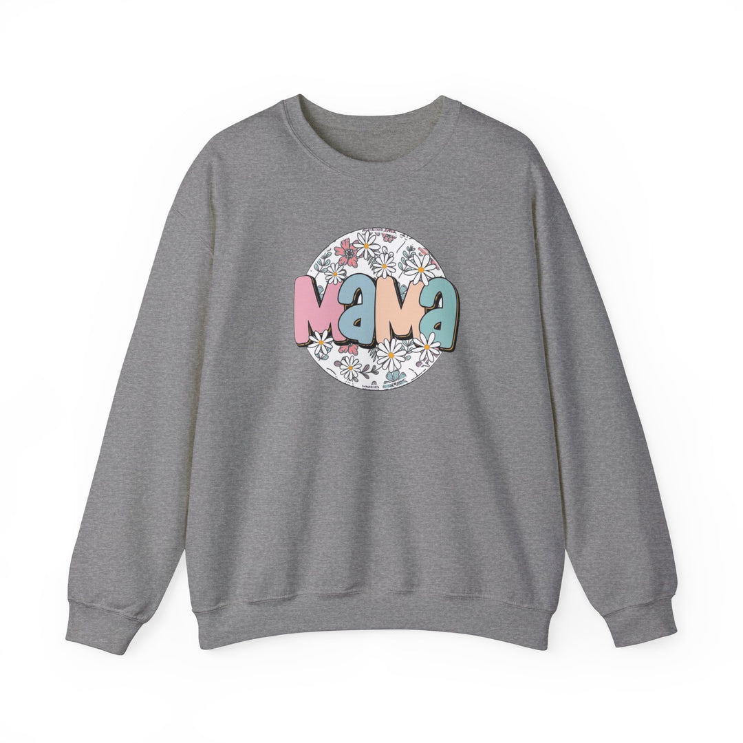 A grey sweatshirt featuring a logo with flowers, ideal for comfort in a loose fit. Unisex heavy blend crewneck made of 50% cotton, 50% polyester fabric. No itchy side seams, ribbed knit collar.