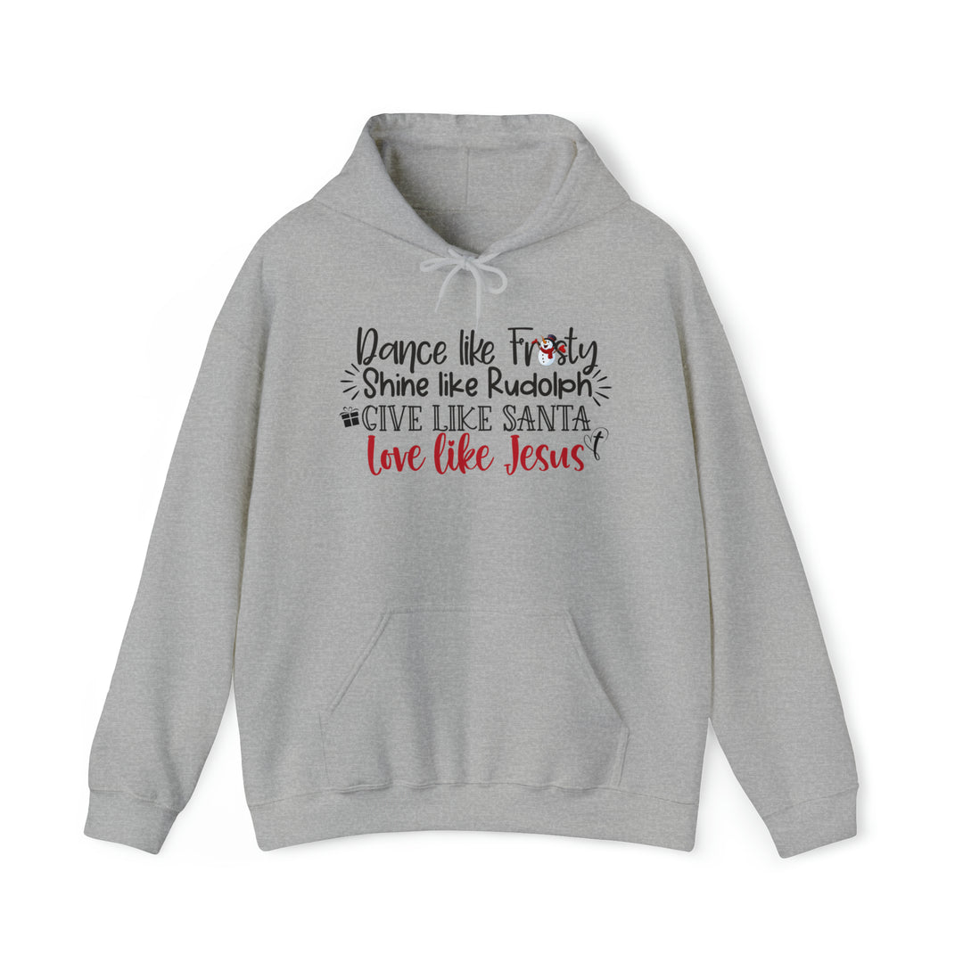 A classic Love Like Jesus Hoodie in grey, featuring text on a sweatshirt. Unisex heavy cotton tee with ribbed knit collar, tape shoulders, and no side seams for comfort. Medium weight fabric, true to size fit.