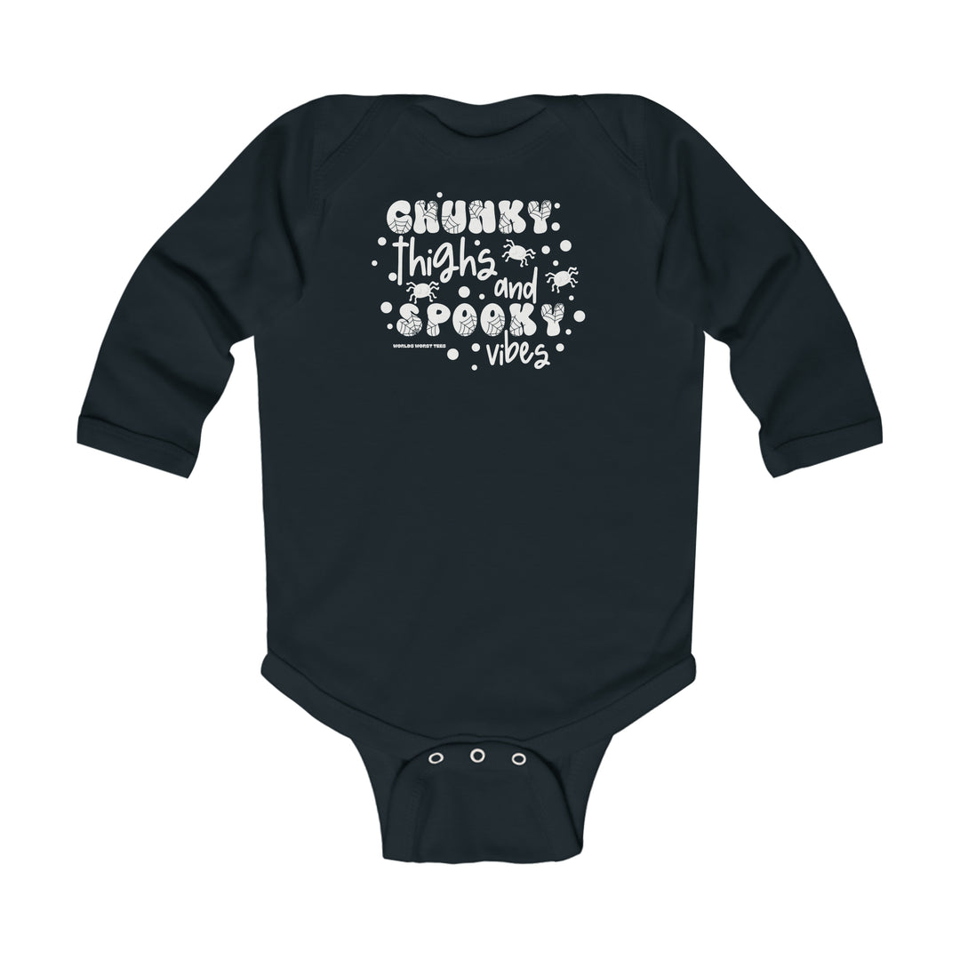 Chunky Thighs and Spooky Vibes Long Sleeved Onesie for infants. 100% cotton fabric with plastic snaps for easy changing. Ribbed knitting for durability. Sizes: NB, 6M, 12M, 18M. Classic fit.