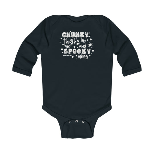 Chunky Thighs and Spooky Vibes Long Sleeved Onesie for infants. 100% cotton fabric with plastic snaps for easy changing. Ribbed knitting for durability. Sizes: NB, 6M, 12M, 18M. Classic fit.
