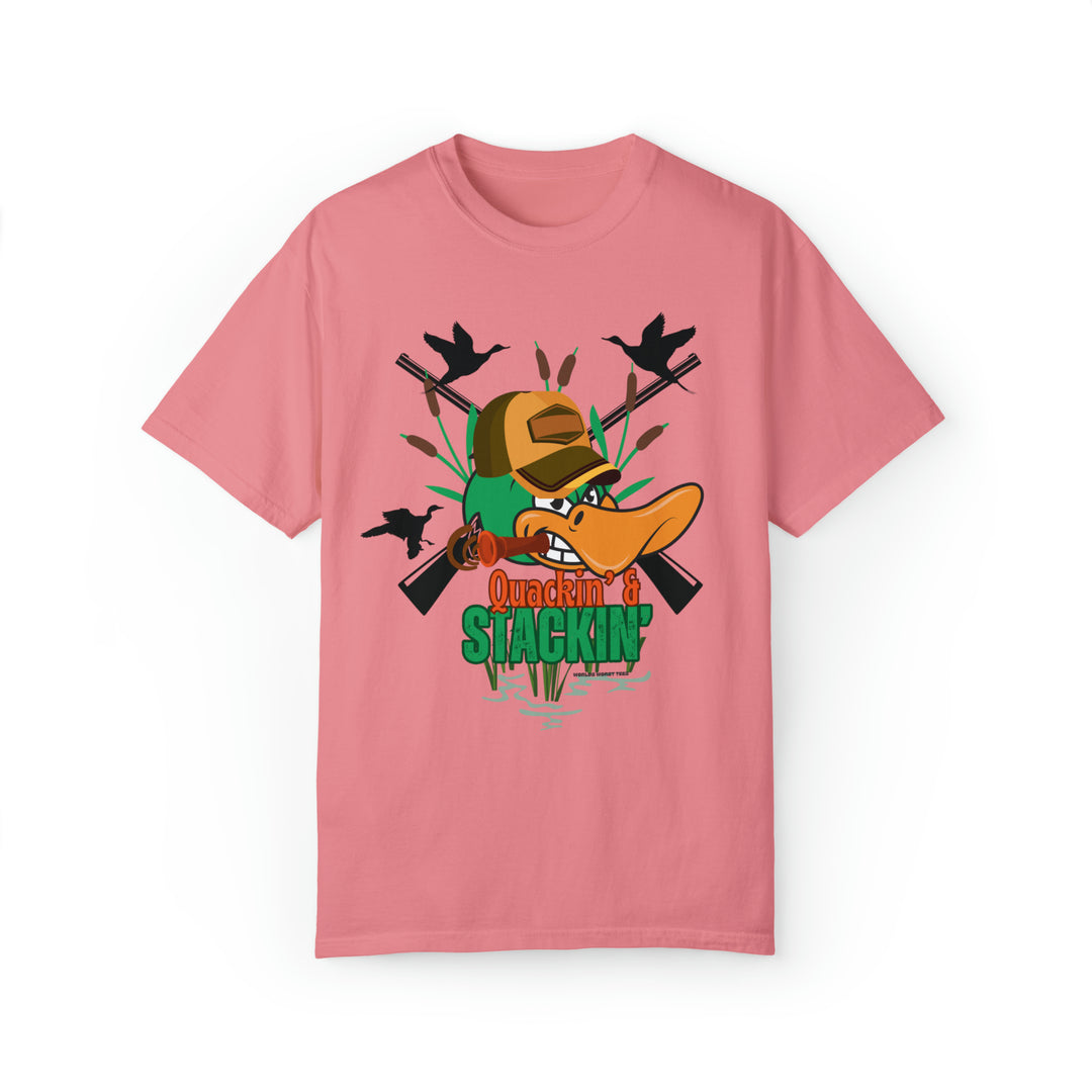 A pink t-shirt featuring a duck head design, part of the Quackin' and Stackin' Tee collection at Worlds Worst Tees. Unisex, garment-dyed sweatshirt made of 80% ring-spun cotton and 20% polyester.