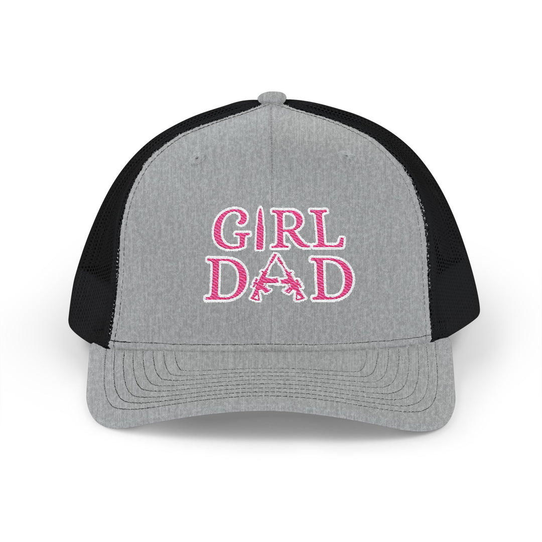 Girl Dad Snapback Trucker Cap, a grey and black hat with pink embroidery, features a mid-profile fit, pre-curved visor, and adjustable snap closure for casual style.
