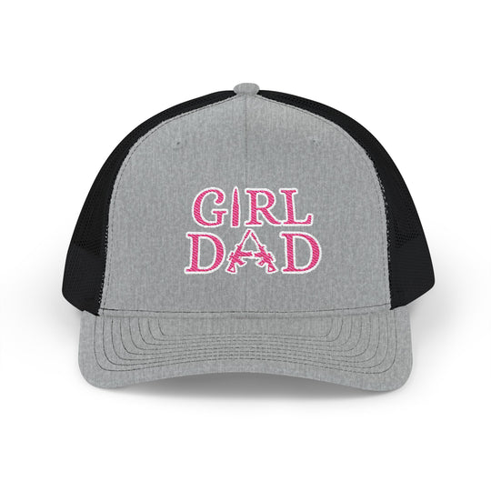 Girl Dad Snapback Trucker Cap, a grey and black hat with pink embroidery, features a mid-profile fit, pre-curved visor, and adjustable snap closure for casual style.
