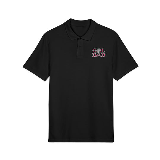 Close-up of the Girl Dad Polo Shirt (Embroidery) showcasing its black fabric, button detail, and embroidered pink and white text, highlighting its stylish and comfortable design.