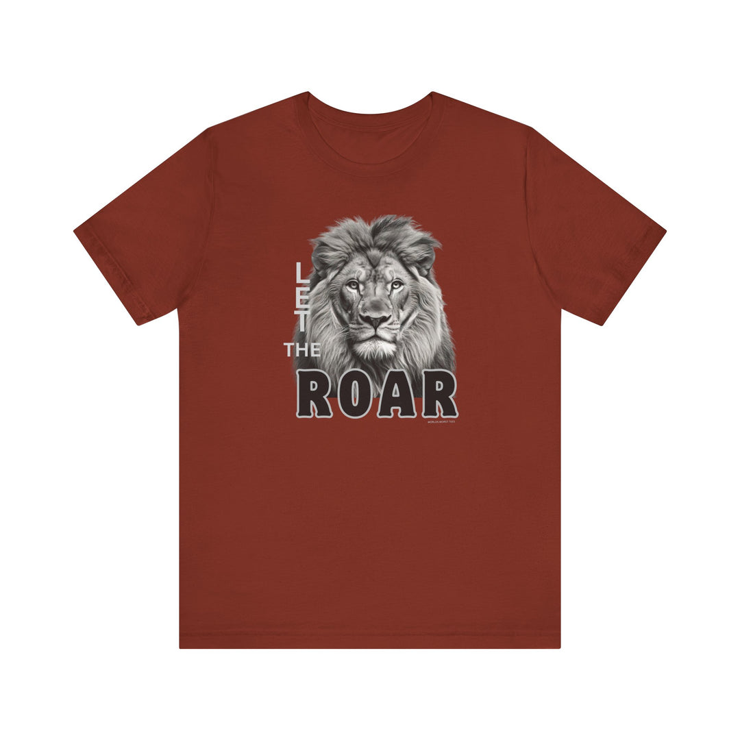 Unisex Let the Lion Roar Tee: Red shirt with lion graphic. Airlume cotton, retail fit, tear away label. Ribbed knit collars, taping on shoulders, dual side seams. Sizes XS-3XL.