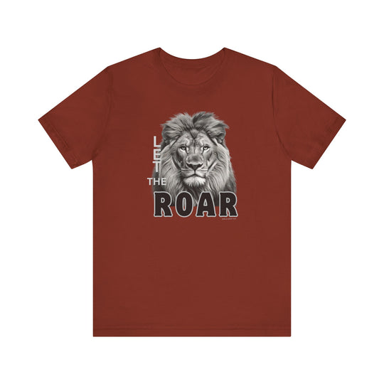 Unisex Let the Lion Roar Tee: Red shirt with lion graphic. Airlume cotton, retail fit, tear away label. Ribbed knit collars, taping on shoulders, dual side seams. Sizes XS-3XL.