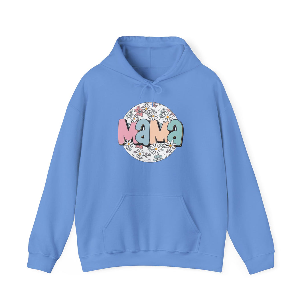 A blue Sassy Mama Flower Hoodie, a cozy blend of cotton and polyester, featuring a kangaroo pocket and matching drawstring hood. Unisex, medium-heavy fabric with a classic fit, perfect for chilly days.