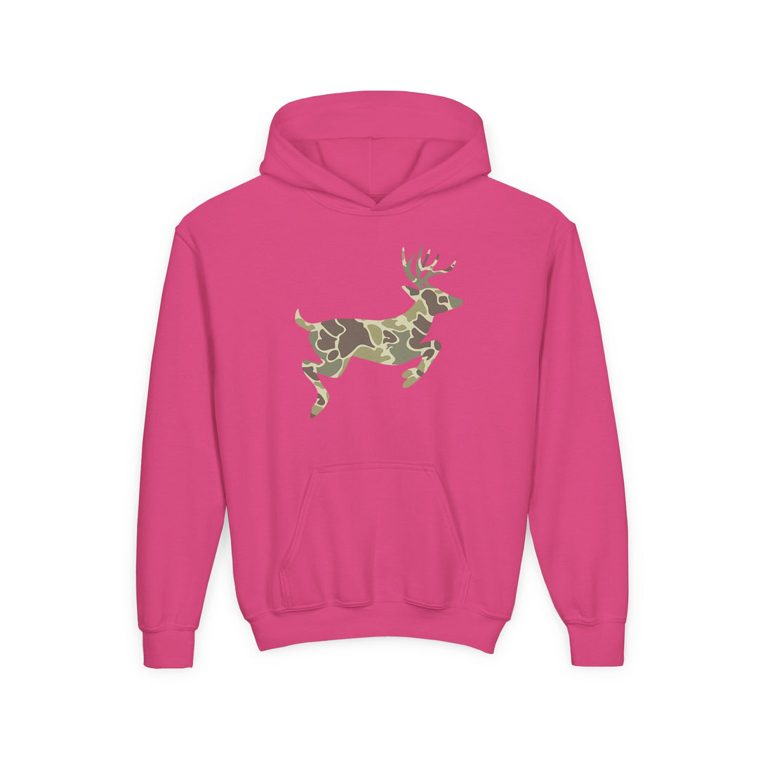 Camo Deer Youth Hoodie: Bright pink pullover with kangaroo pocket, drawstring hood, and a green-tan camouflage deer silhouette on the chest.
