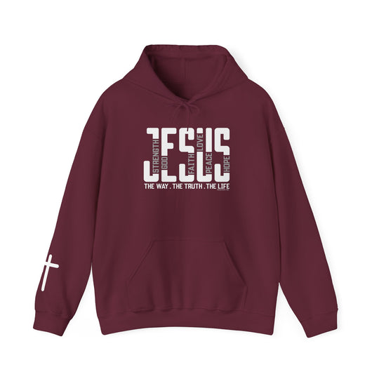 A cozy Jesus Hoodie in maroon, featuring white text, a kangaroo pocket, and a matching drawstring hood. Unisex, cotton-polyester blend for warmth and comfort on cold days. Classic fit, tear-away label, true to size.