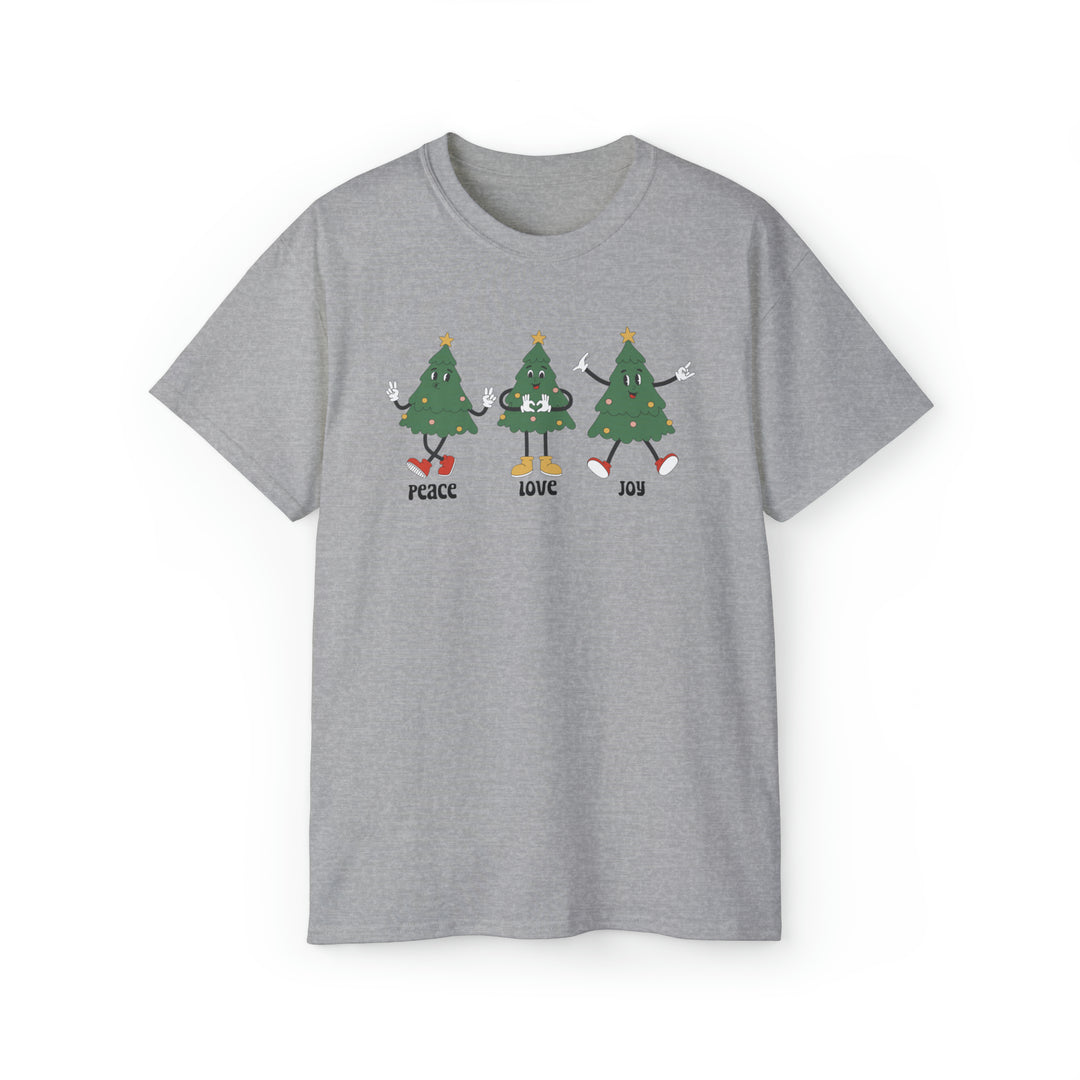 Unisex Peace Love Joy Tee, a grey t-shirt featuring cartoon trees. Classic fit, sustainably sourced 100% US cotton, ribbed collar, tear-away label for comfort. Perfect for casual and semi-formal wear.