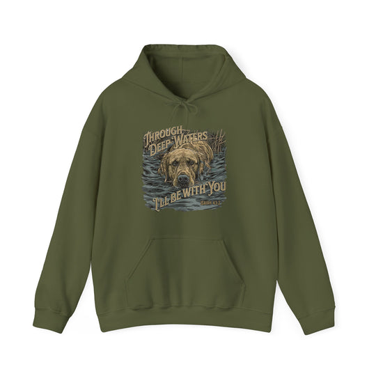 A green sweatshirt featuring a dog design, part of the Through Deep Waters Hunting Hoodie collection by Worlds Worst Tees. Unisex heavy blend fabric with kangaroo pocket and drawstring hood.