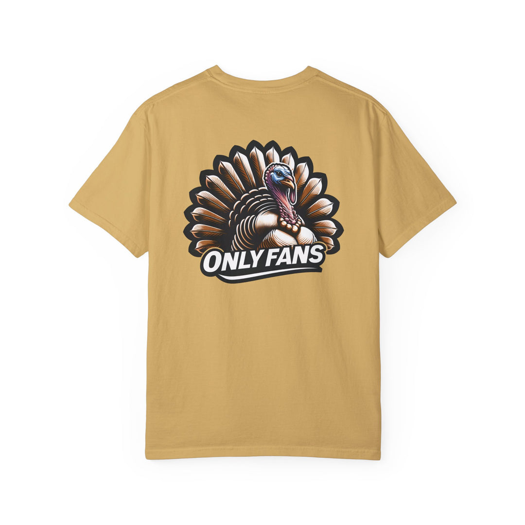 A garment-dyed t-shirt featuring a turkey design, made of 100% ring-spun cotton for comfort. Relaxed fit, double-needle stitching, and no side-seams for durability and shape retention. From Worlds Worst Tees, the Only Fans Hunting Tee.
