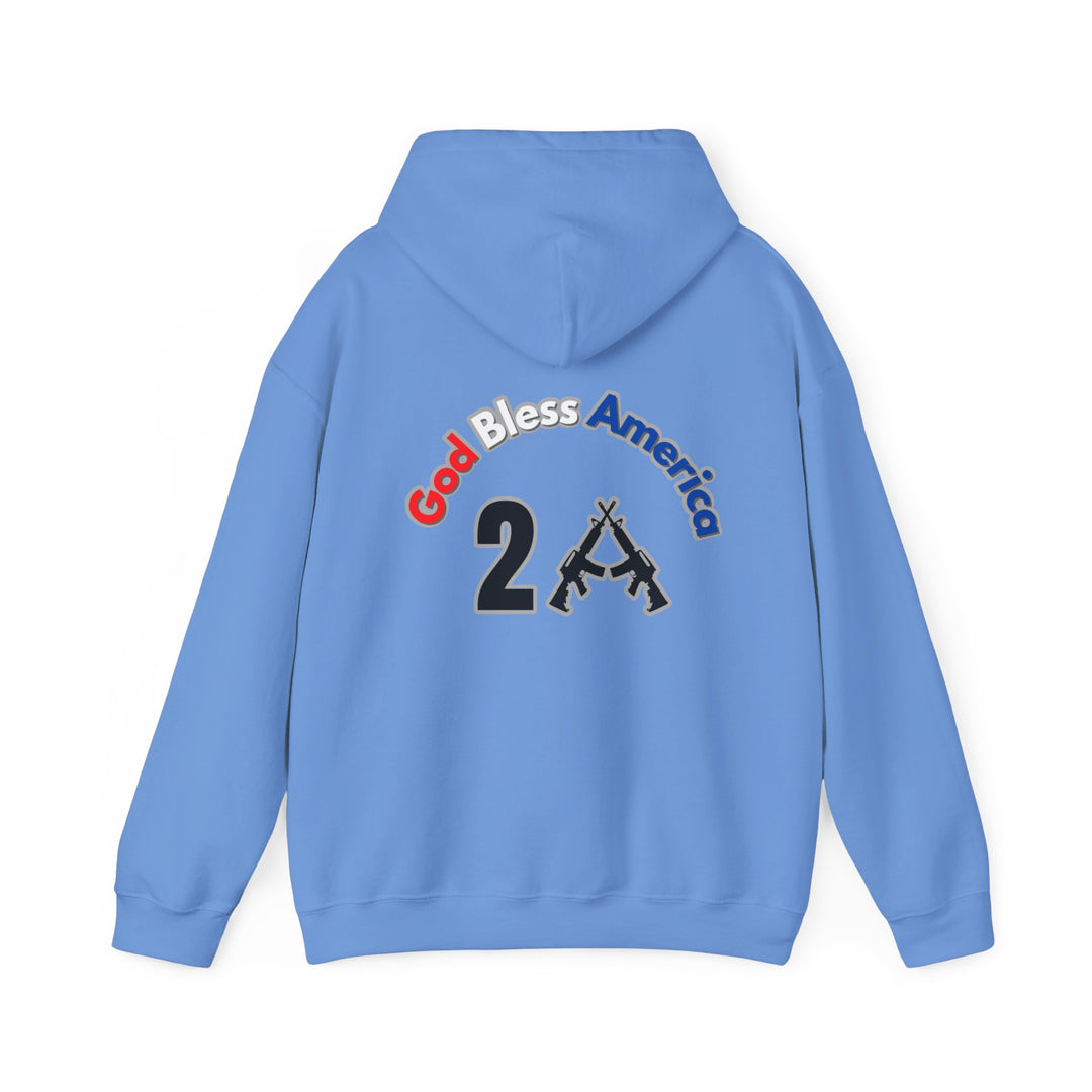 A blue God Bless America 2A hoodie with logo and text. Unisex heavy blend hooded sweatshirt in cotton and polyester. Features kangaroo pocket, drawstring hood, tear-away label. Classic fit, true to size.