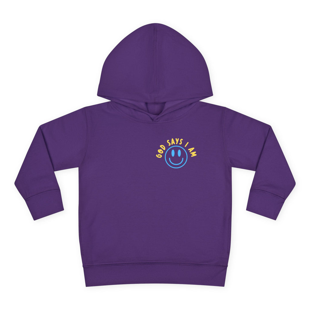 I AM Toddler Hoodie featuring a bright blue smiley face and GOD SAYS I AM text, designed for comfort with side-seam pockets and durable stitching.