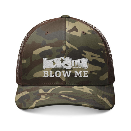 Blow Me Camouflage Trucker Hat (Embroidery) featuring a duck call graphic with flying ducks. Camo front, mesh back, adjustable snap closure. Ideal for nature enthusiasts.