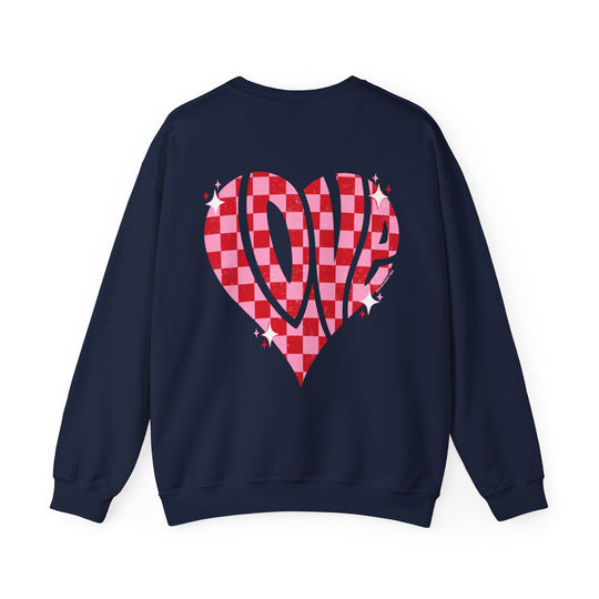 Unisex Love Crew sweatshirt: Blue with heart design. Comfortable blend of polyester and cotton, ribbed knit collar, no itchy seams. Medium-heavy fabric, loose fit, sizes S-5XL.