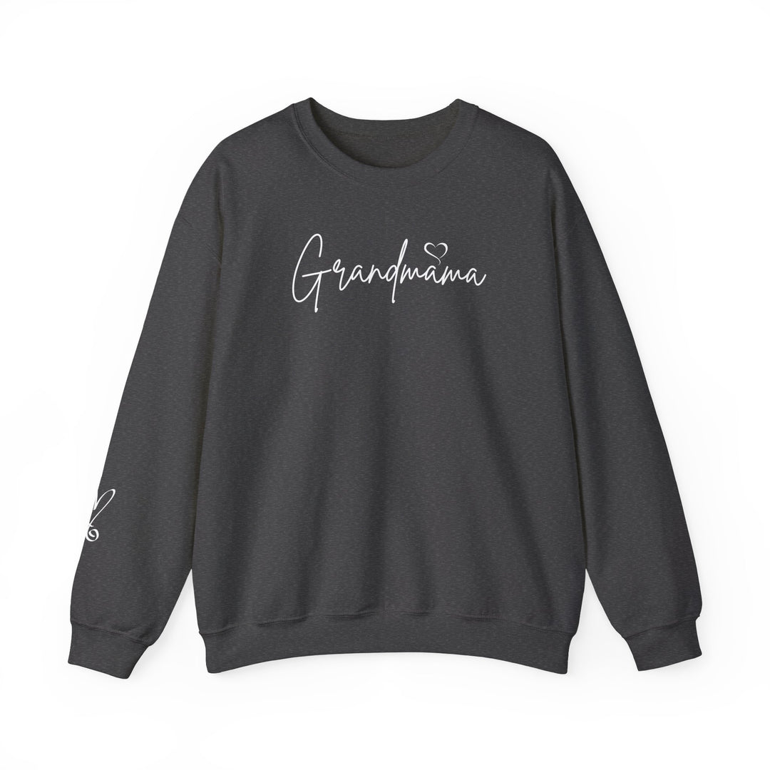 Unisex Grandmama Crew sweatshirt, black with white text. Heavy blend fabric, ribbed knit collar, no itchy side seams. 50% cotton, 50% polyester. Loose fit, runs true to size.