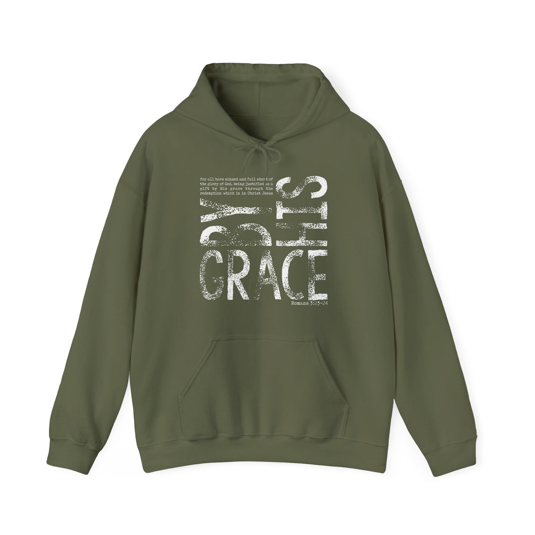 Olive-green hoodie with HIS GRACE in distressed-white, featuring a Scripture quote. Includes kangaroo pocket, drawstring hood, and cozy cotton-polyester blend for warmth.