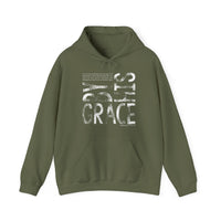 Olive-green hoodie with HIS GRACE in distressed-white, featuring a Scripture quote. Includes kangaroo pocket, drawstring hood, and cozy cotton-polyester blend for warmth.