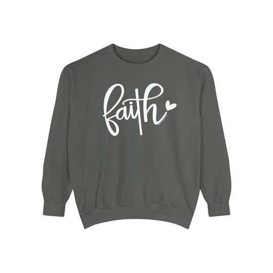 A unisex Faith Crew sweatshirt in grey with white text. Made of 80% ring-spun cotton and 20% polyester, featuring a relaxed fit and rolled-forward shoulder. From Worlds Worst Tees.
