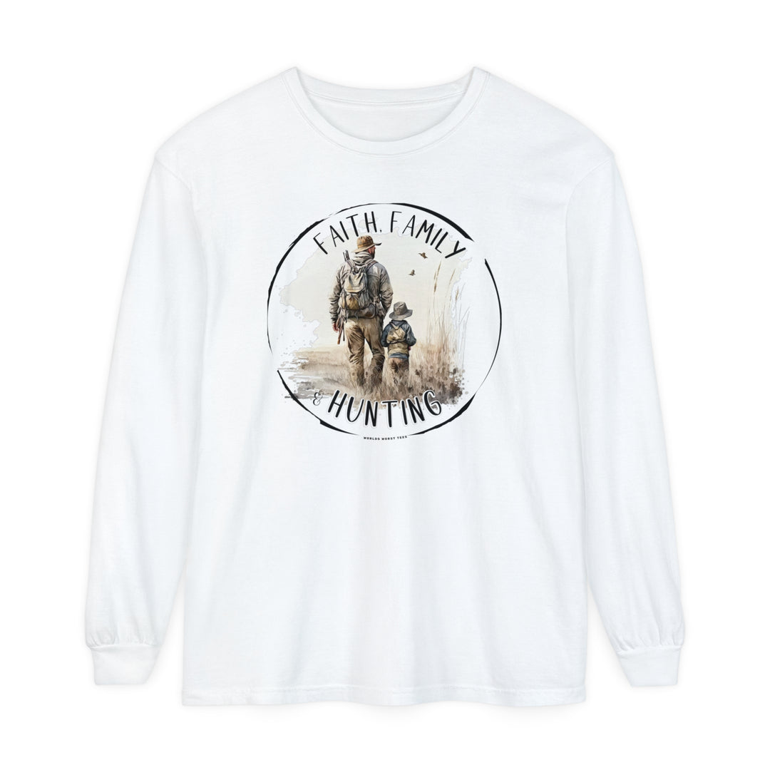 A white long-sleeve shirt featuring a man and child walking in a field, embodying the Faith Family Hunting Long Sleeve T-Shirt from Worlds Worst Tees. Made of 100% ring-spun cotton for softness and style, with a relaxed fit for ultimate comfort.