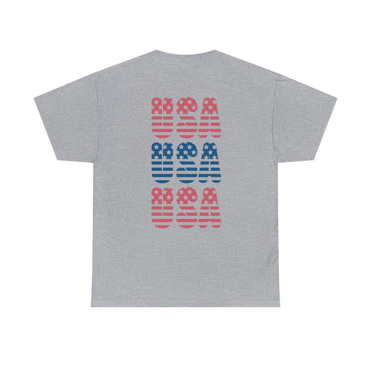 Unisex heavy cotton tee with USA USA USA graphic. No side seams, durable tape on shoulders, ribbed knit collar. 100% cotton, medium weight, classic fit. Sizes S-5XL. Ideal for casual fashion.