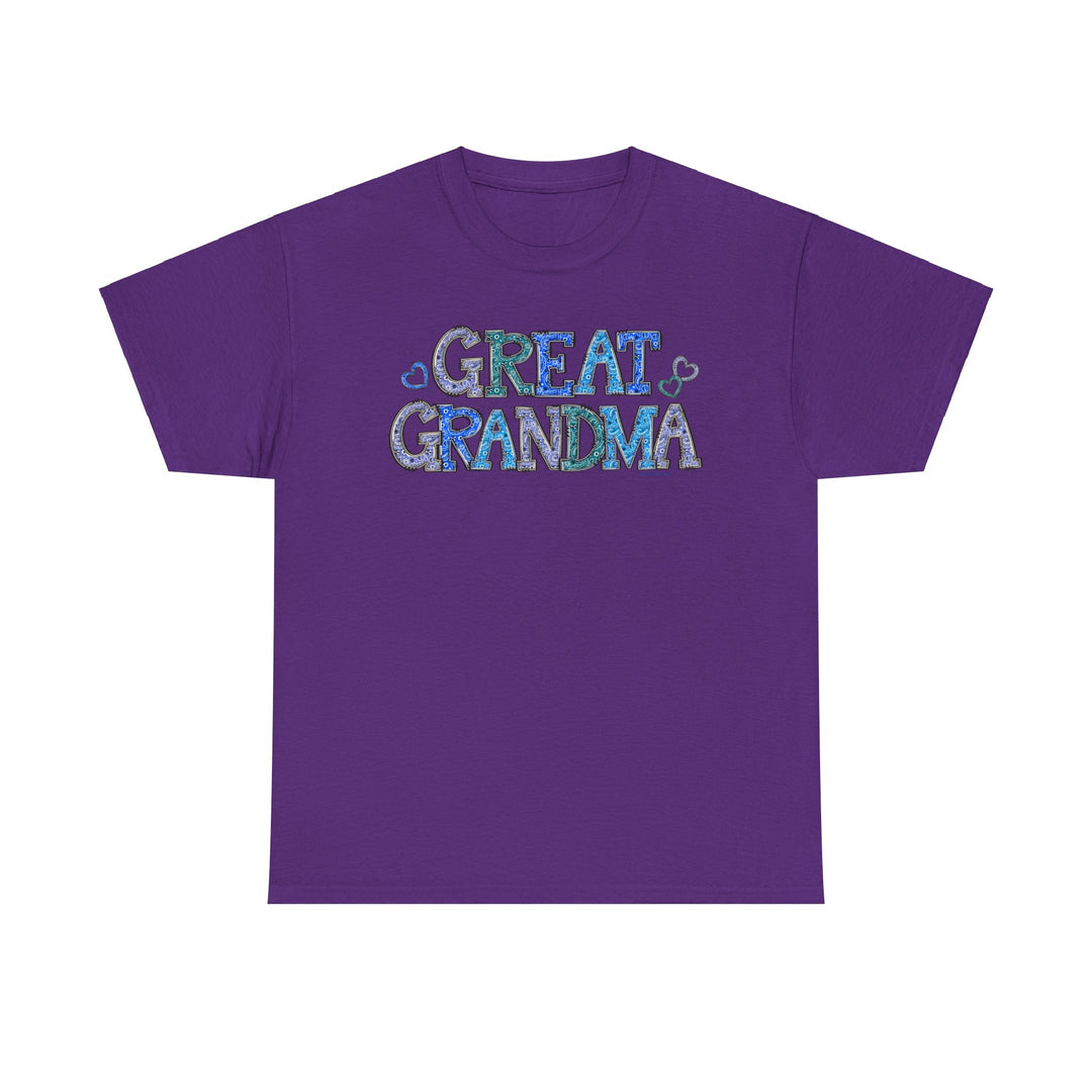 Unisex Great Grandma Tee, a purple t-shirt with text. No side seams for comfort, ribbed knit collar for elasticity. Classic fit, 100% cotton. Sizes S-5XL. Medium weight fabric.