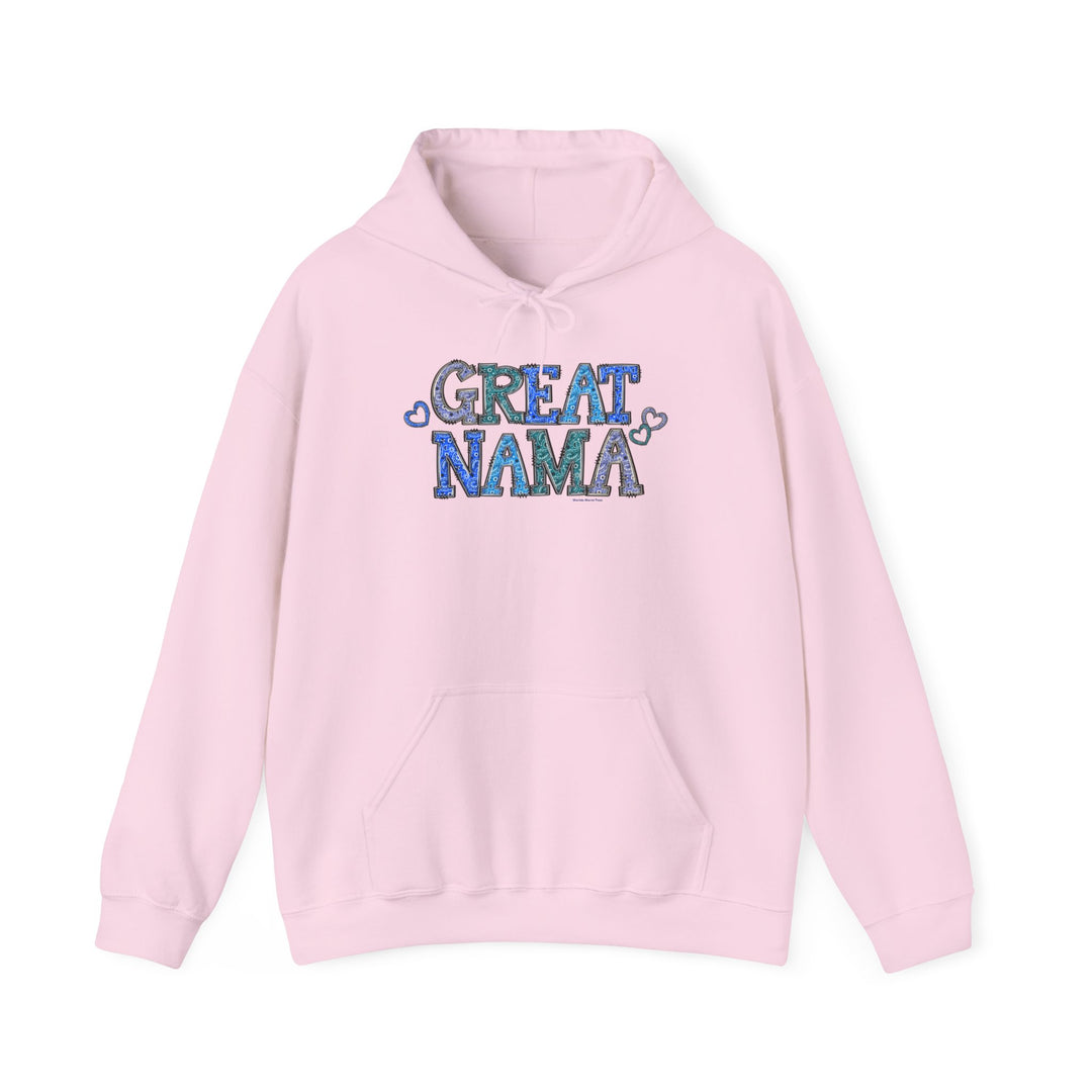 A cozy unisex Great Nama Hoodie in pink, featuring a kangaroo pocket and matching drawstring. Made of 50% cotton and 50% polyester for warmth and comfort. Ideal for chilly days.