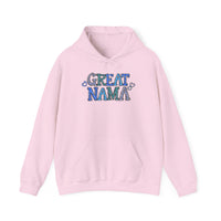 A cozy unisex Great Nama Hoodie in pink, featuring a kangaroo pocket and matching drawstring. Made of 50% cotton and 50% polyester for warmth and comfort. Ideal for chilly days.