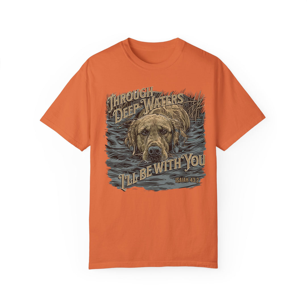 Through Deep Waters Hunting Tee: A relaxed-fit t-shirt featuring a dog design, made of 100% ring-spun cotton for comfort and durability. Medium weight with double-needle stitching for long-lasting wear. From Worlds Worst Tees.