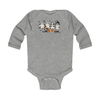 Boo Crew Long Sleeved Onesie for infants, featuring ghost designs. Made of 100% cotton, with ribbed bindings for durability. Plastic snaps for easy changing. Sizes: NB (0-3M), 6M, 12M, 18M.
