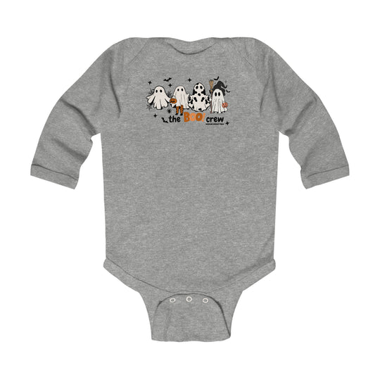 Boo Crew Long Sleeved Onesie for infants, featuring ghost designs. Made of 100% cotton, with ribbed bindings for durability. Plastic snaps for easy changing. Sizes: NB (0-3M), 6M, 12M, 18M.