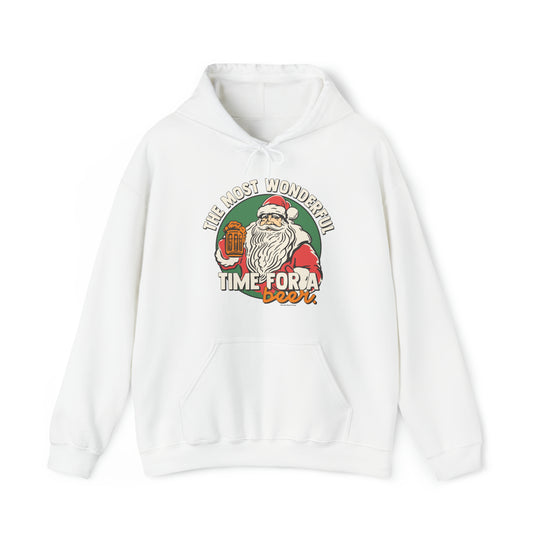 Unisex Most Wonderful Time for a Beer hoodie, featuring Santa Claus design on a white sweatshirt. Heavy blend fabric, kangaroo pocket, and drawstring hood. Perfect for warmth and comfort.