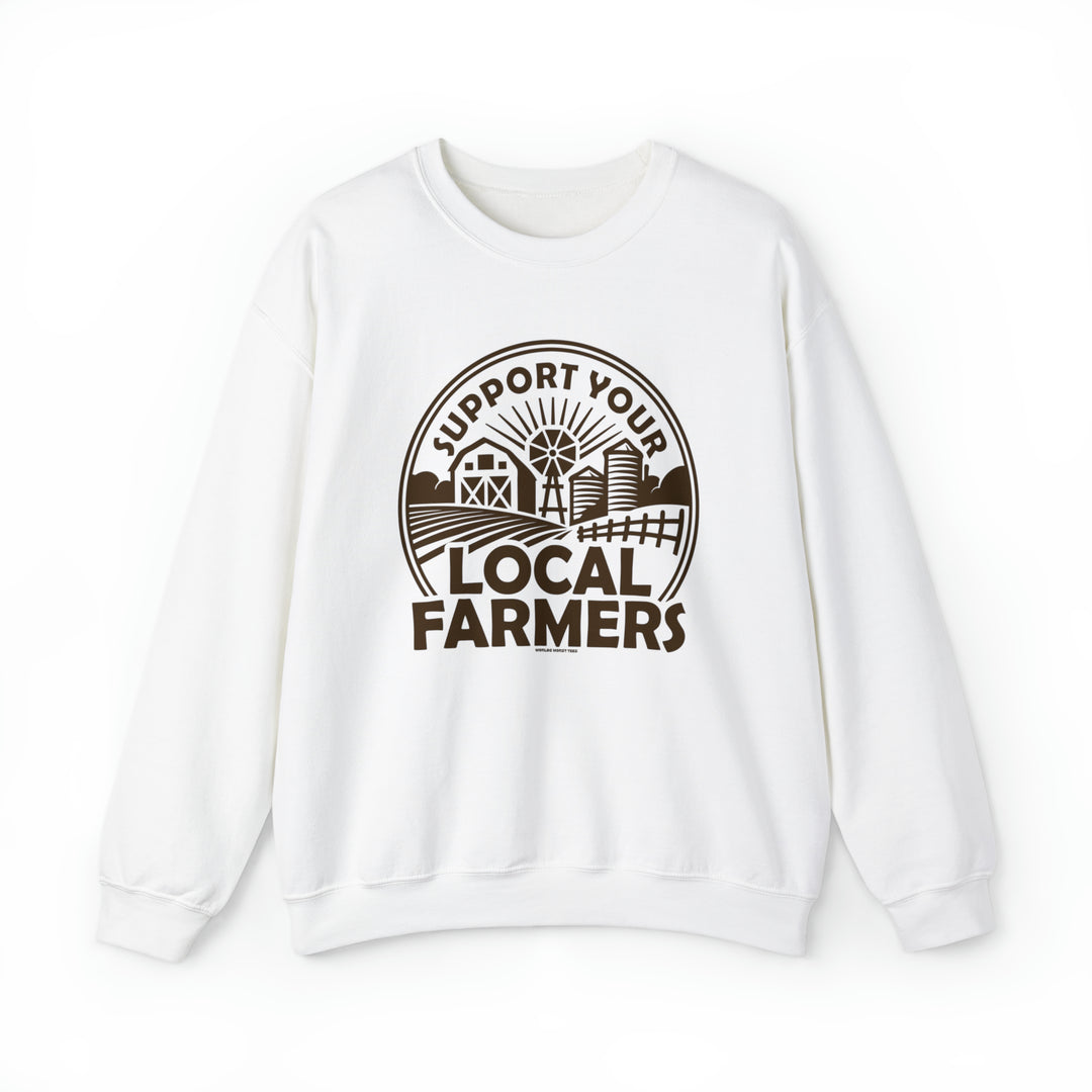 A white crewneck sweatshirt featuring a local farmer company's logo. Unisex heavy blend with ribbed knit collar, 50% cotton, 50% polyester, loose fit, sewn-in label. Support Your Local Farmer Crew.