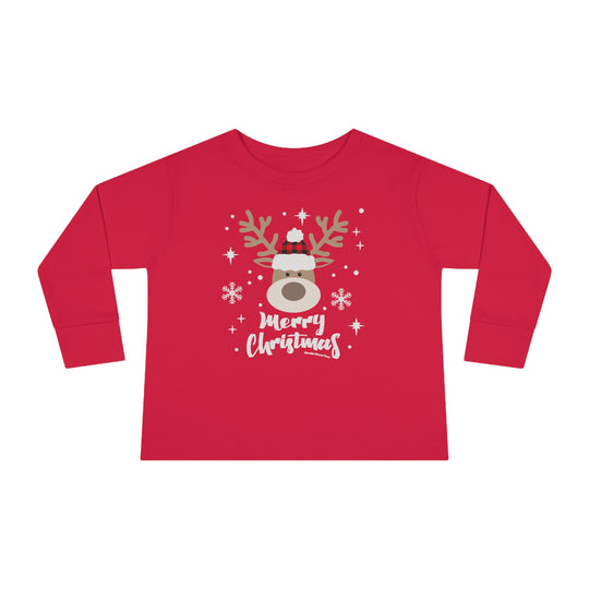A custom toddler long-sleeve tee featuring a red shirt with a deer design. Made of 100% combed ringspun cotton for durability and comfort. Ideal for the youngest trendsetters.