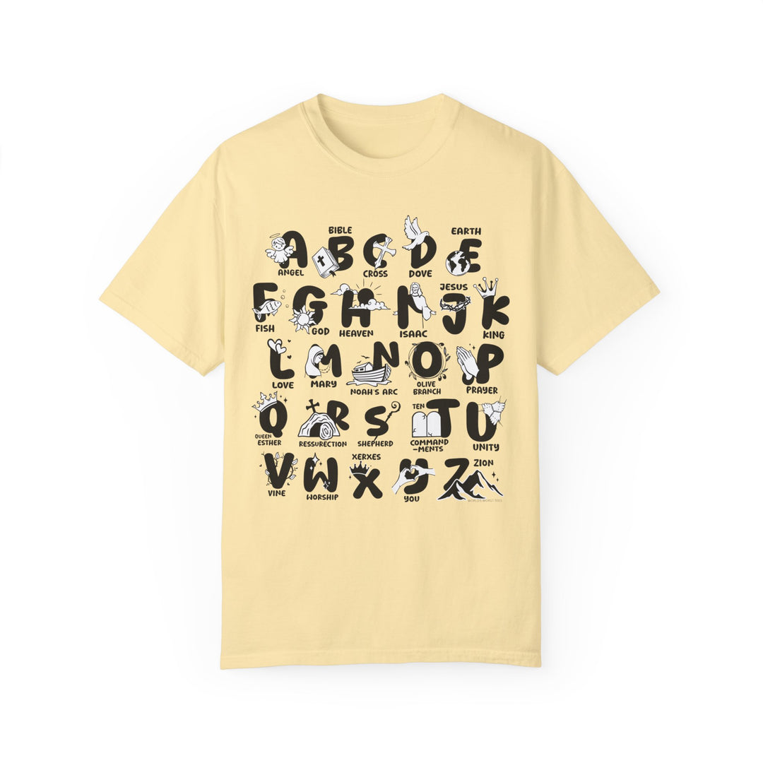 Bible Alphabet Tee: Yellow t-shirt with black letters, 100% ring-spun cotton, garment-dyed for coziness. Relaxed fit, double-needle stitching for durability, seamless design for a sleek look.