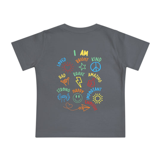 Charcoal-gray I AM Baby Tee with colorful affirmations and doodles, highlighting positivity and self-worth, designed for comfort and durability in children's sizes.