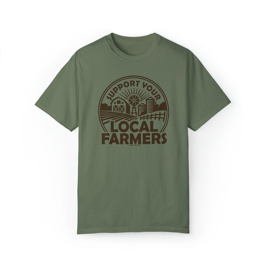 A green t-shirt featuring a logo for local farmers. Unisex garment-dyed sweatshirt with 80% ring-spun cotton and 20% polyester, relaxed fit, and rolled-forward shoulder. From Worlds Worst Tees.