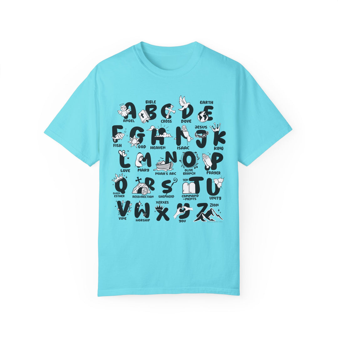 Bible Alphabet Tee: A blue shirt with black letters, 100% ring-spun cotton, medium weight, relaxed fit, durable double-needle stitching, and seamless design for comfort and style.