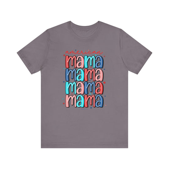 A classic American Mama Tee in grey, featuring colorful text on soft cotton. Unisex fit with ribbed knit collars, taping on shoulders, and tear away label. Sizes XS to 3XL. Made of 100% Airlume combed and ringspun cotton.