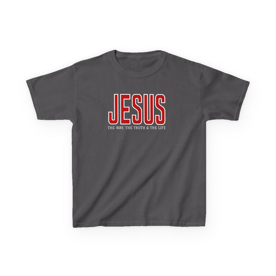 Charcoal kids' tee with JESUS in bold red, THE WAY, THE TRUTH & THE LIFE in white below, featuring durable cotton fabric for everyday comfort.