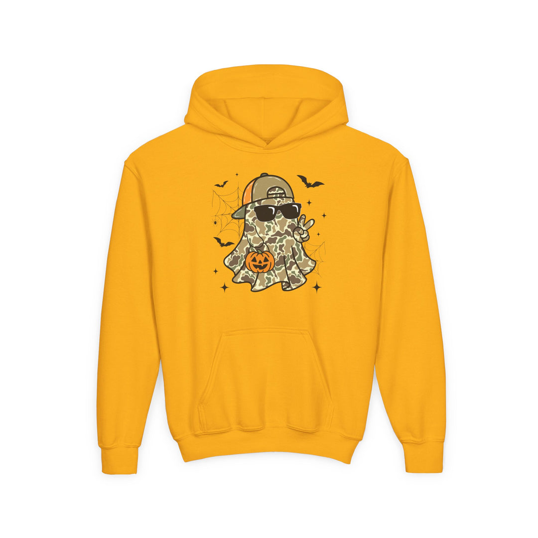 Candy Ghost Youth Hoodie featuring a playful Halloween design with a camo ghost, bats, and spiderwebs. Made of soft, preshrunk fleece with a kangaroo pocket.