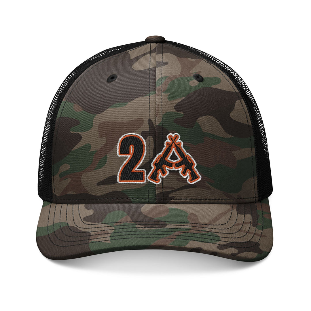Camo-patterned trucker hat with mesh back and embroidered 2A logo featuring crossed rifles, combining style and functionality for a comfortable, adjustable fit.