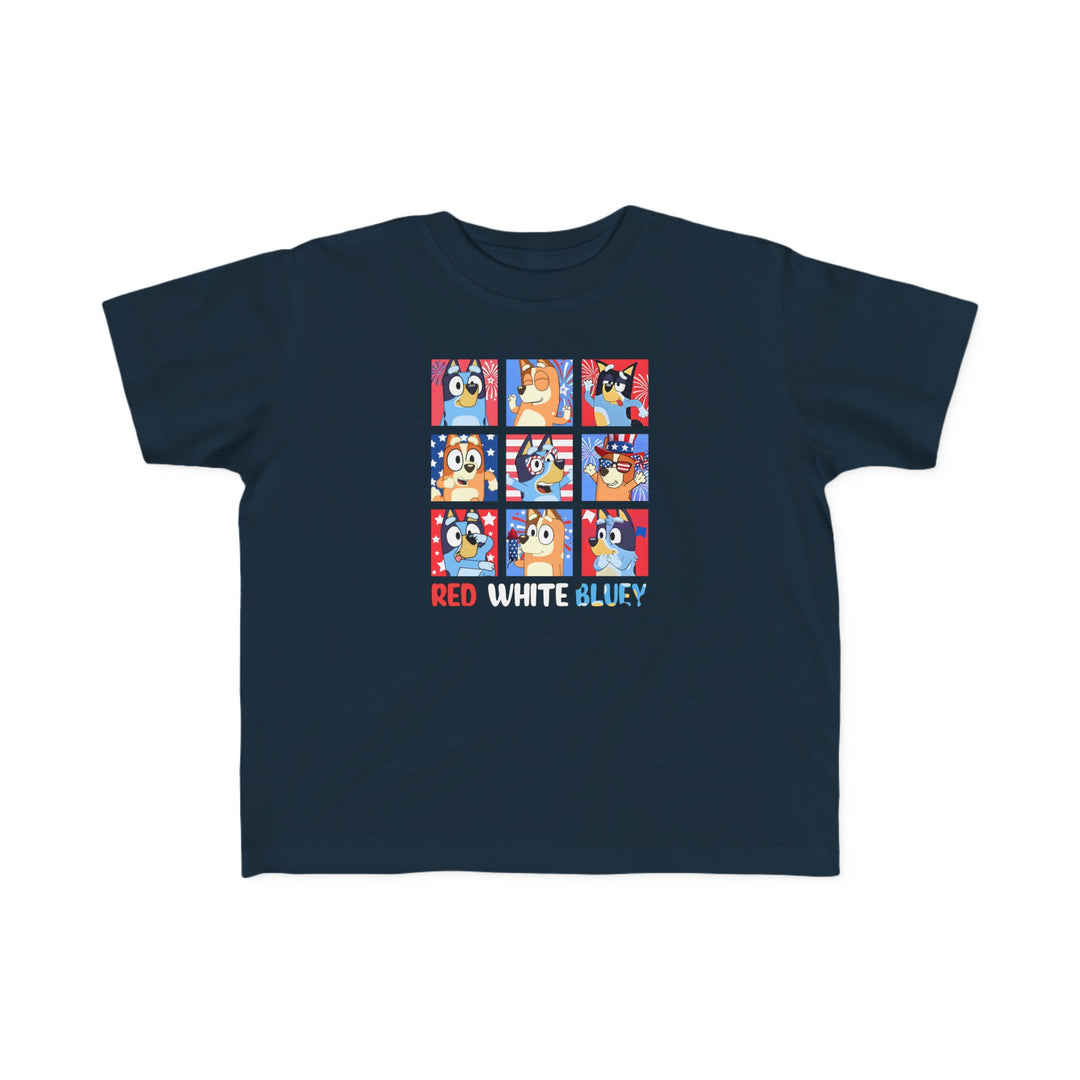 Red White and Bluey Toddler Tee featuring a blue shirt with cartoon characters, perfect for sensitive skin. 100% combed ringspun cotton, light fabric, tear-away label, ideal for first ventures.