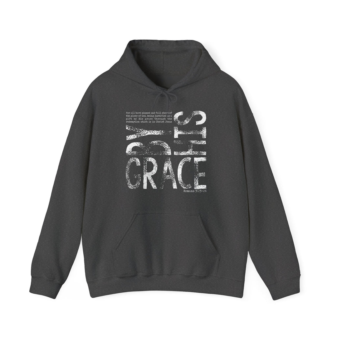 Charcoal-gray hoodie with IT’S GRACE and Romans 3:23–24 text, featuring a kangaroo pocket and matching drawstring, offering warmth and comfort.