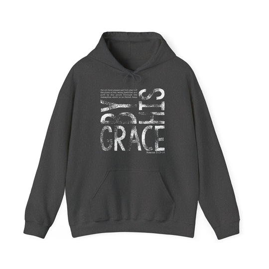 Charcoal-gray hoodie with IT’S GRACE and Romans 3:23–24 text, featuring a kangaroo pocket and matching drawstring, offering warmth and comfort.