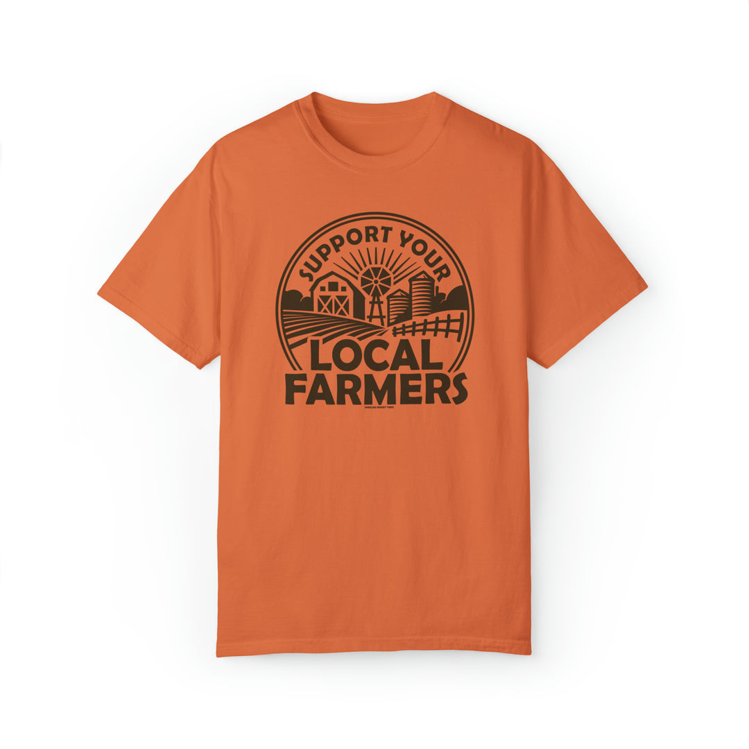 Unisex Support Your Local Farmer Tee: Orange t-shirt with black graphic design. 80% ring-spun cotton, 20% polyester, relaxed fit, rolled-forward shoulder. From Worlds Worst Tees.